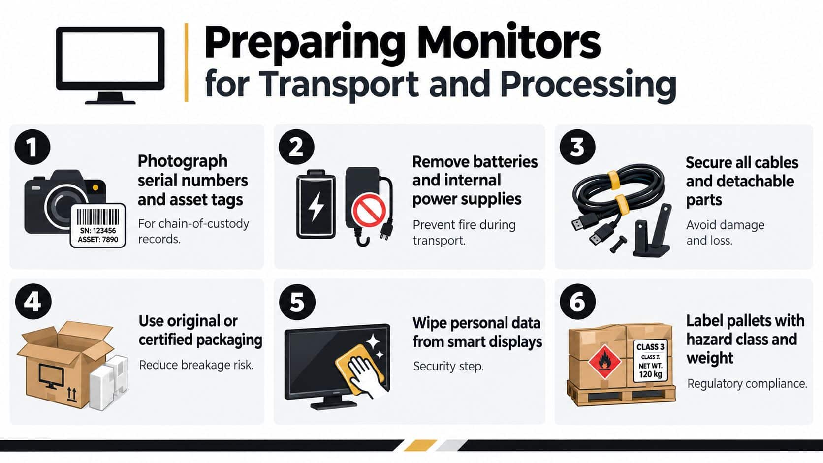A six-step infographic guide illustrating the best practices for preparing monitors for transport and secure recycling processing.
