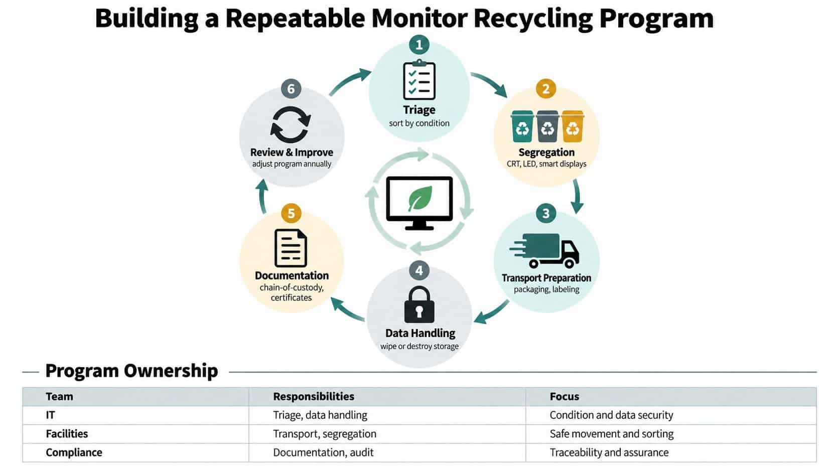 A circular infographic detailing the six-step process for a sustainable monitor recycling program and team ownership roles.