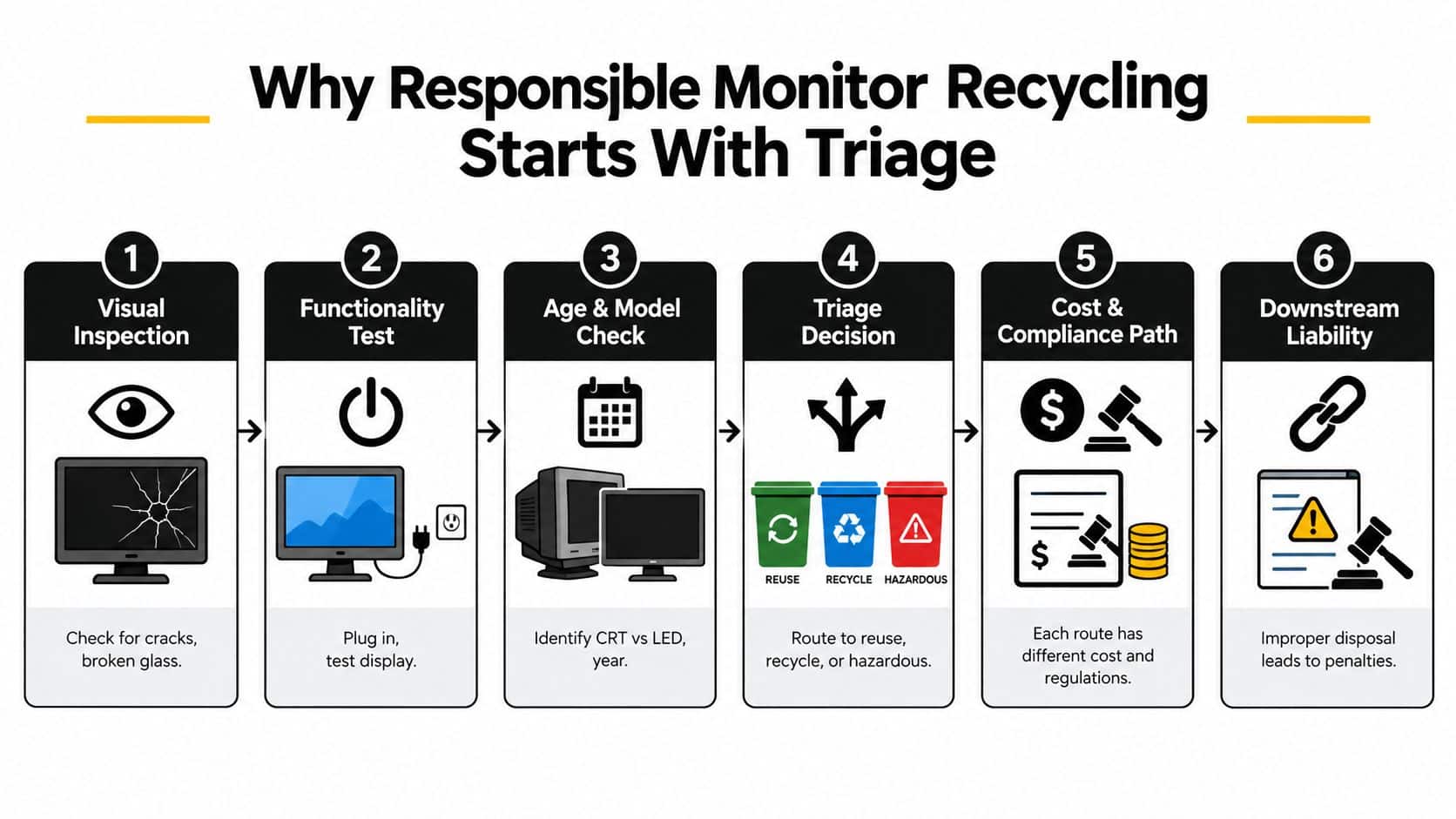 A six-step infographic detailing the responsible process of recycling computer monitors through triage, testing, and compliance.