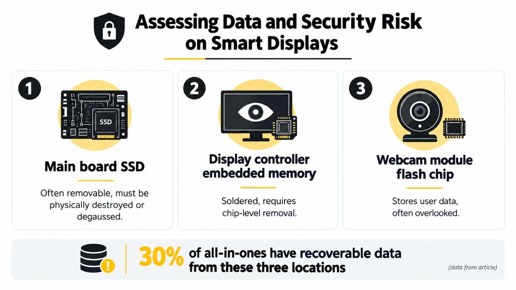 An infographic detailing data and security risks on smart display components for proper disposal and recycling.