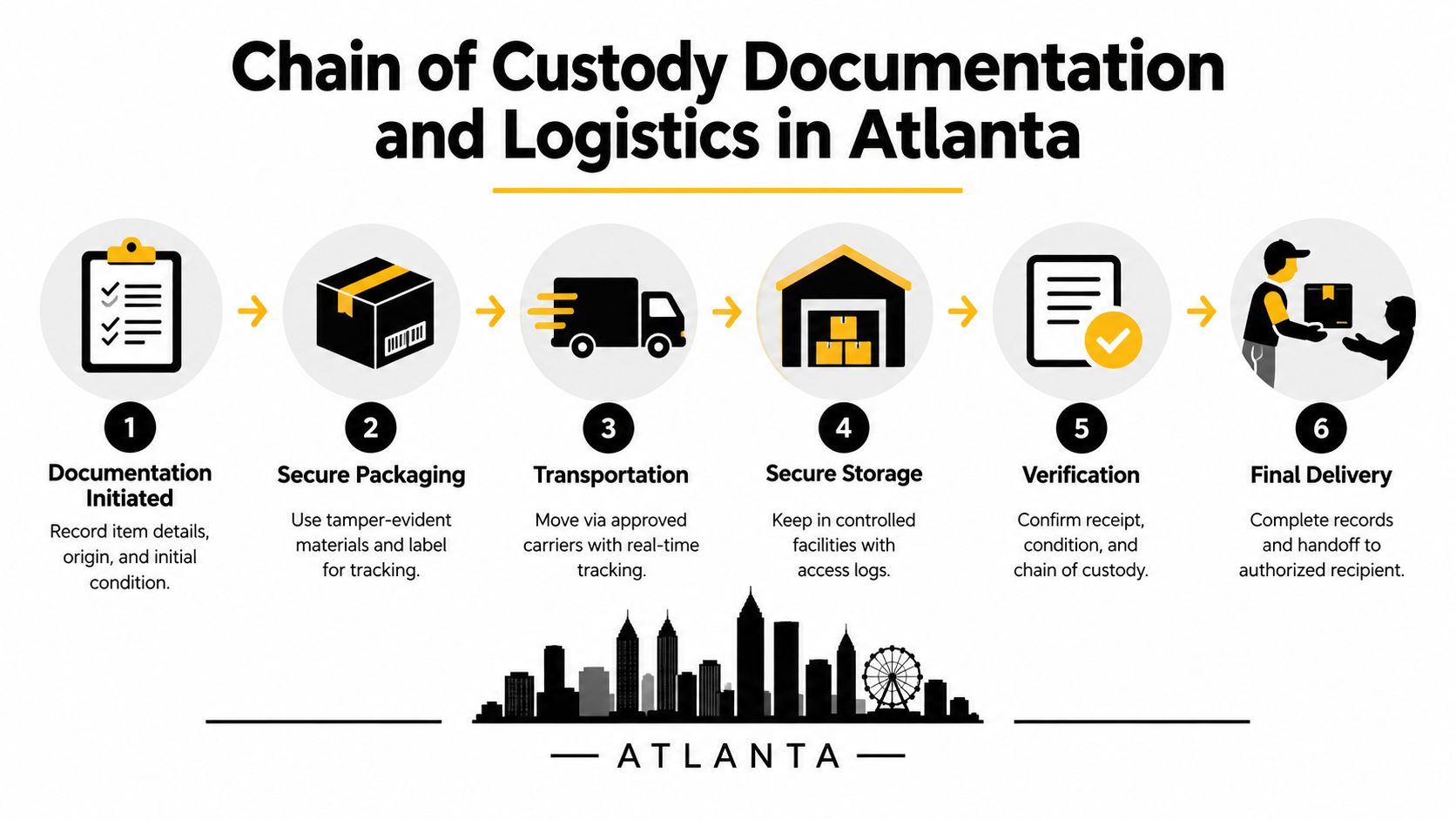A six-step infographic illustrating the chain of custody process for secure logistics services in Atlanta.