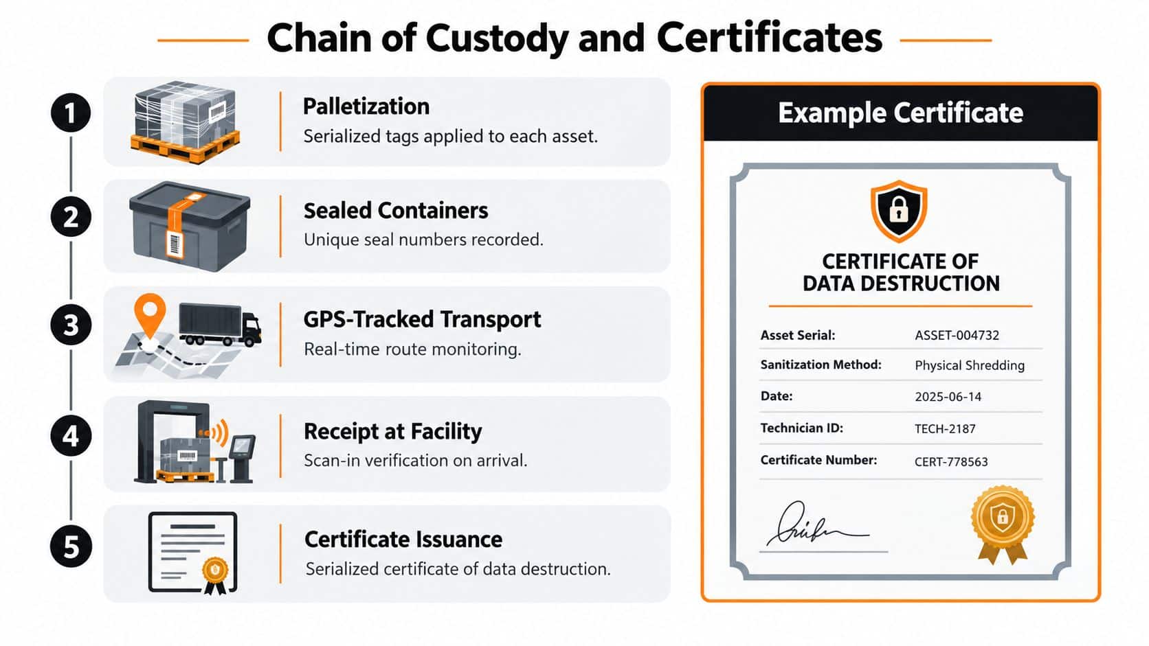 A diagram illustrating the five-step chain of custody process for secure IT asset disposition and data destruction.