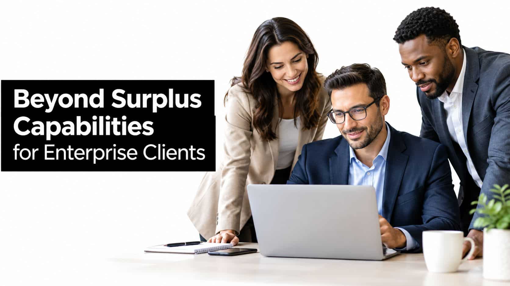 A professional team of diverse business colleagues collaborating on a project using a laptop in an office.