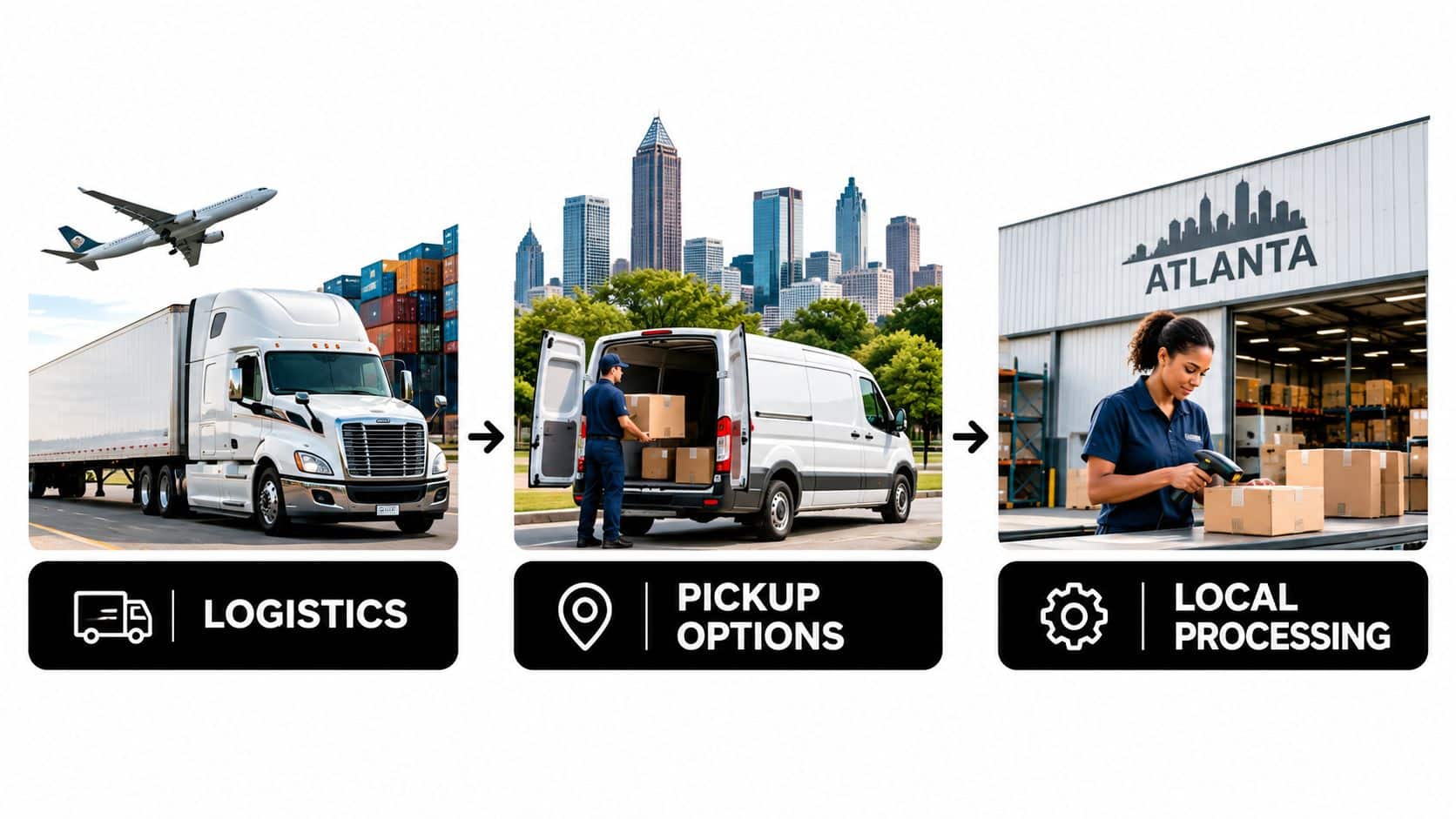 A diagram illustrating logistics, pickup options, and local processing of equipment for recycling services in Atlanta.