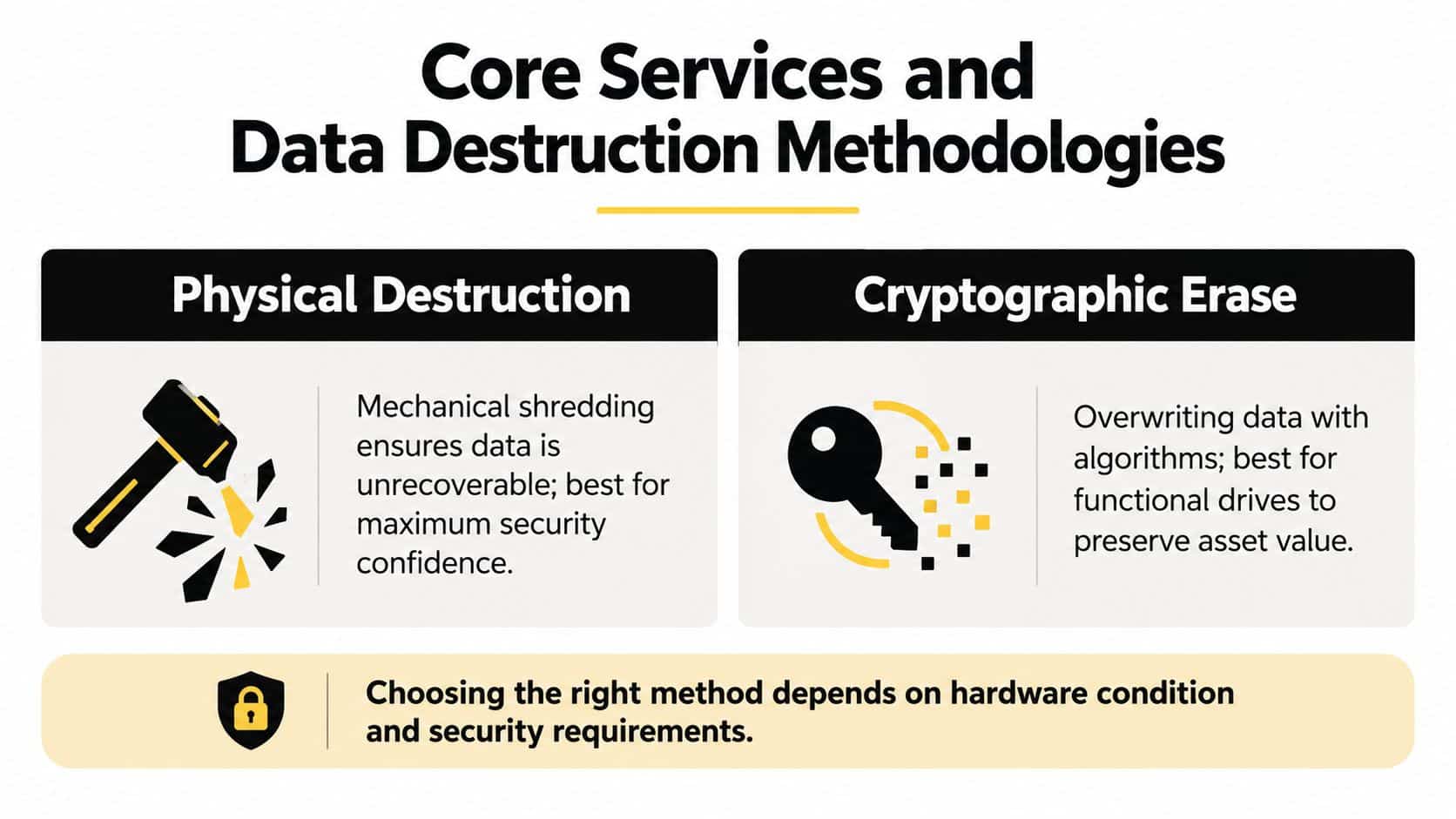 An infographic detailing data destruction methods including physical shredding and cryptographic erase for secure asset disposal.