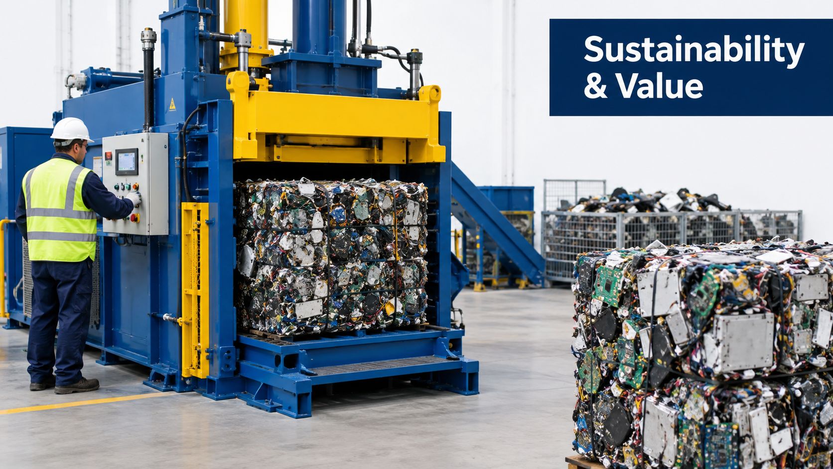 A worker operating industrial machinery to compress electronic waste into large, compact bales for recycling.