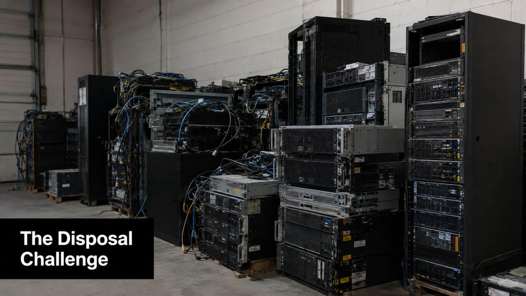Stacks of retired server racks and networking equipment in a warehouse for IT asset disposal services.