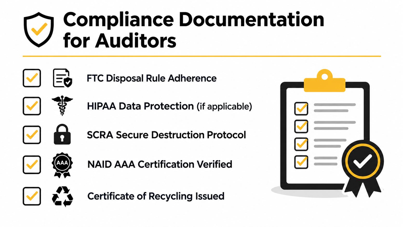 Compliance documentation checklist for auditors featuring key security and environmental standards for business equipment disposal services.