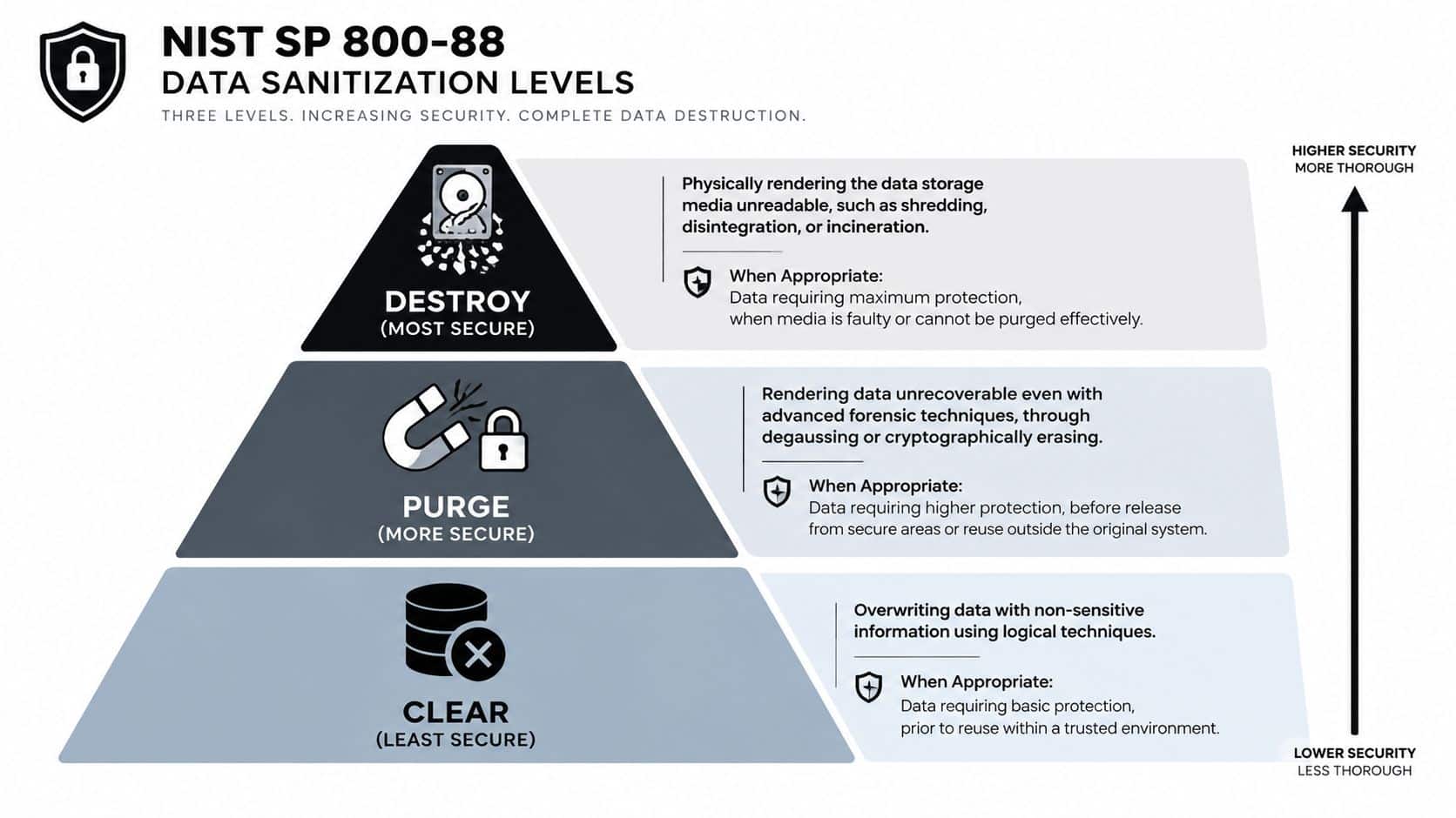 A diagram illustrating the three NIST SP 800-88 data sanitization levels: Clear, Purge, and Destroy.