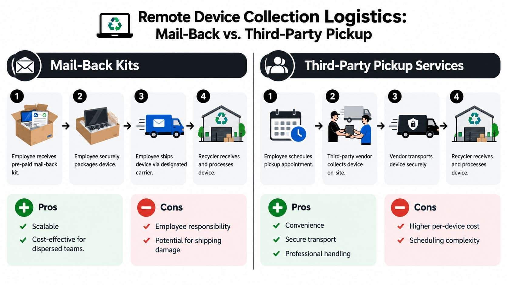 A comparison infographic showing the workflow and pros and cons of mail-back kits versus third-party pickup services.