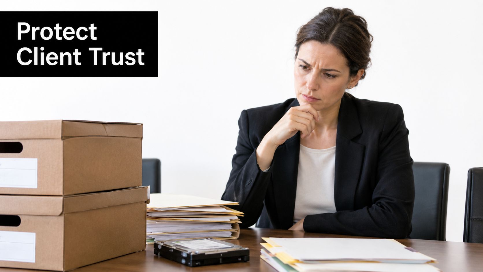 A professional woman in a suit looks thoughtfully at office documents and a hard drive.