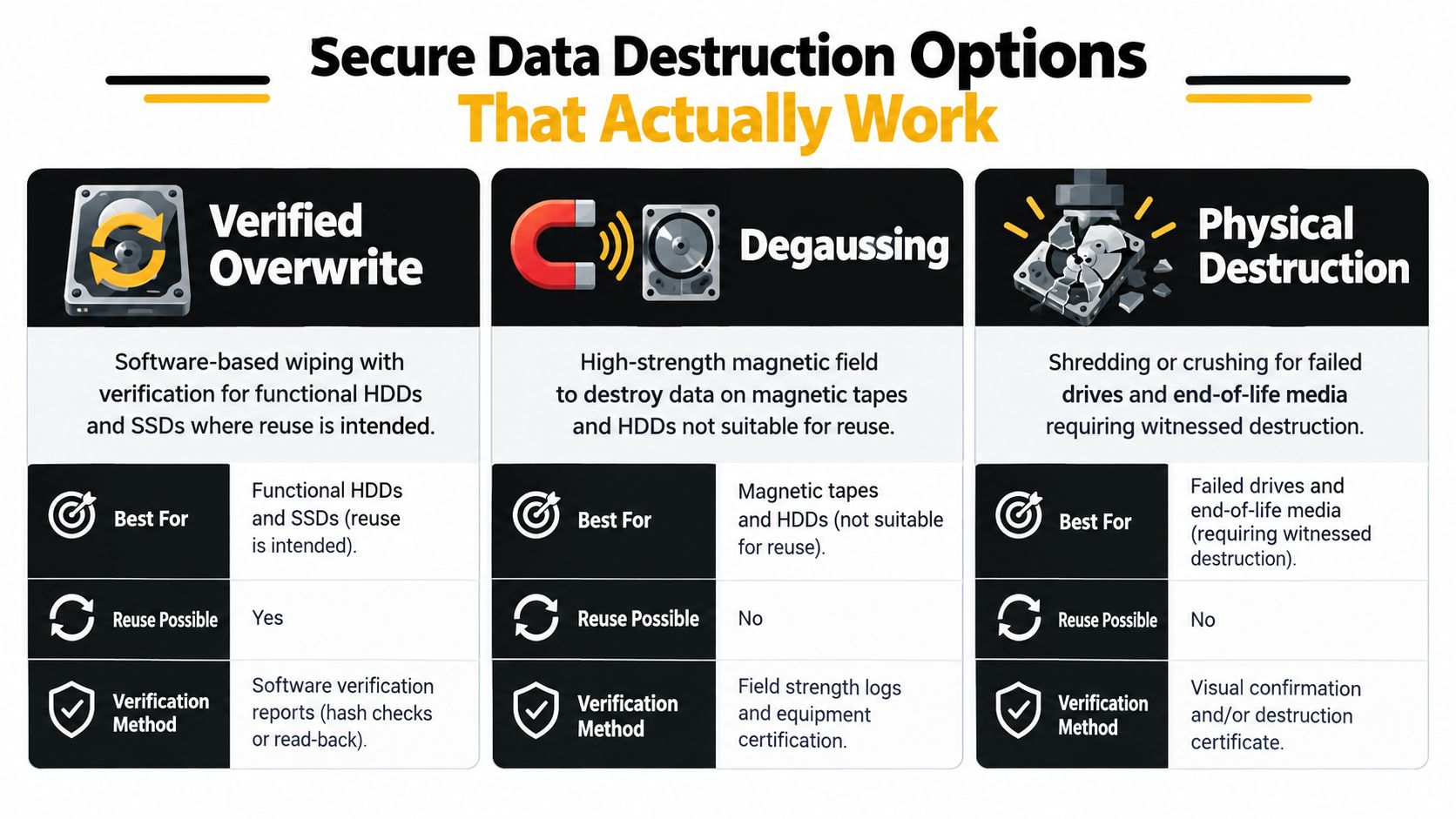 An infographic showing three secure data destruction methods: verified overwriting, degaussing, and physical destruction for IT equipment.