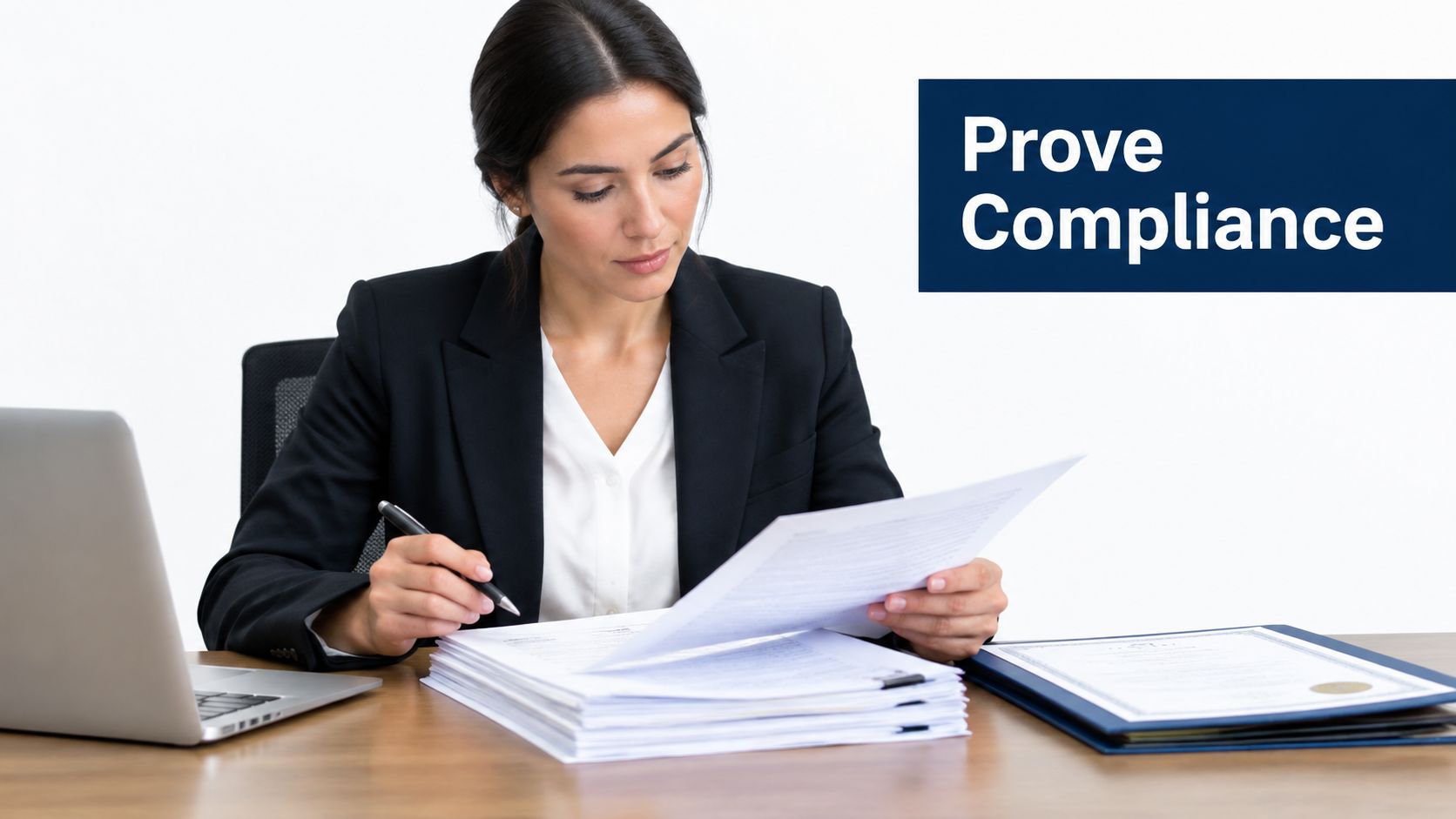A professional woman in a suit reviewing corporate documents at her desk to prove regulatory compliance.