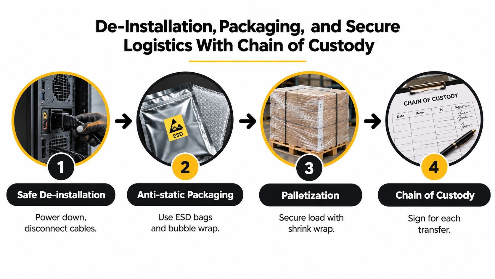 A flowchart showing the four steps of secure network equipment de-installation, anti-static packaging, palletization, and chain of custody documentation.
