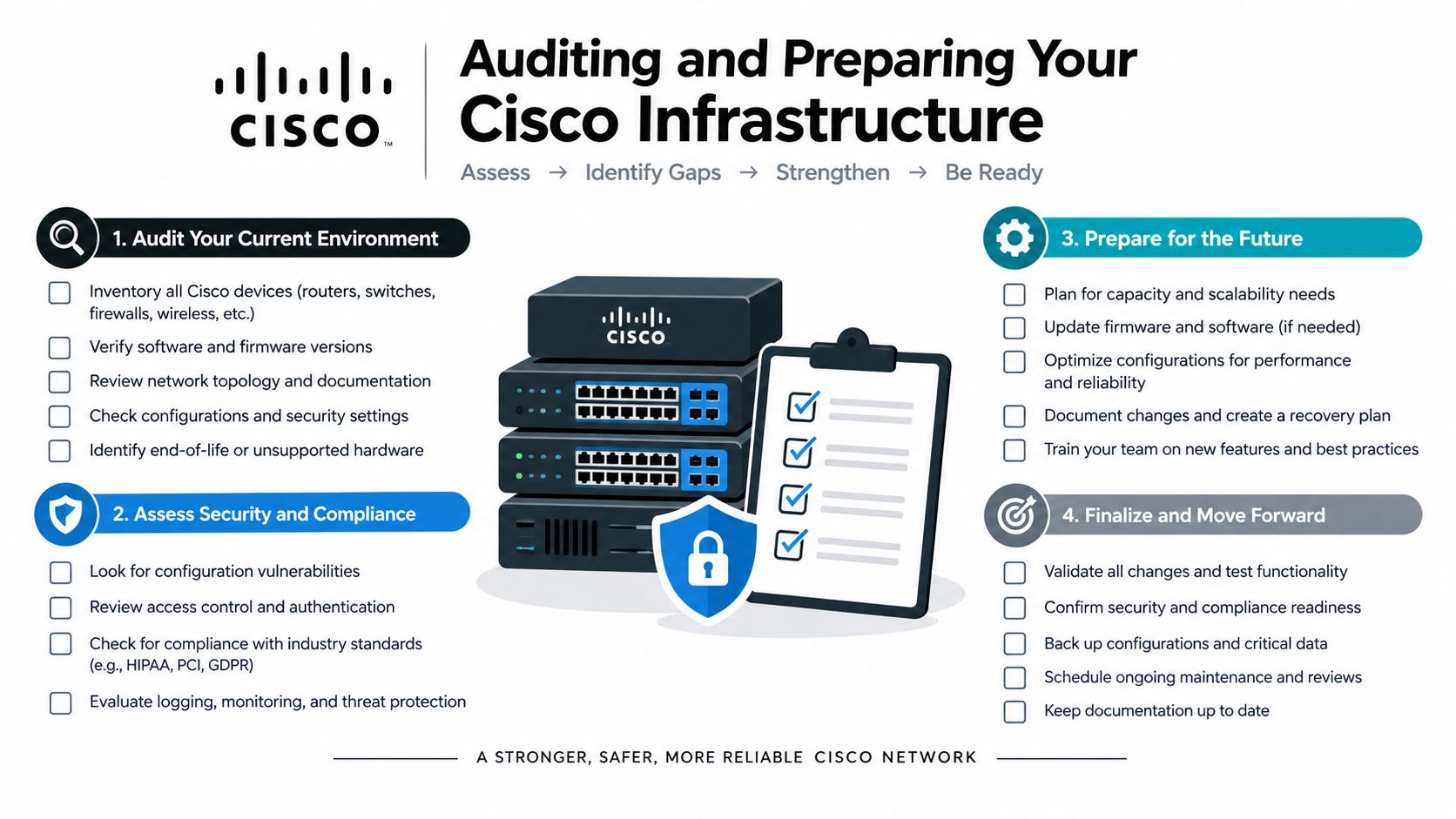 An infographic titled Auditing and Preparing Your Cisco Infrastructure illustrating a four-step network management and security checklist.