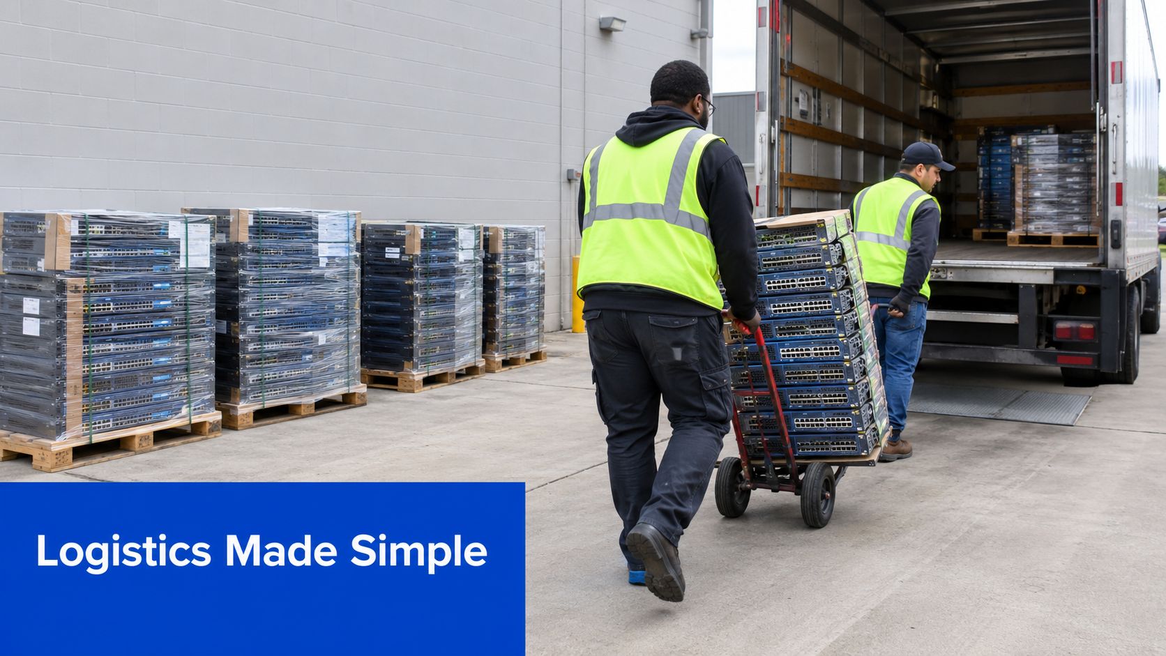 Two warehouse workers in high-visibility vests loading network switches on a dolly into a transport truck.