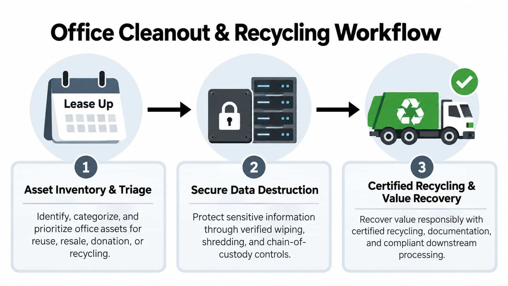 A three-step infographic showing the office cleanout and recycling workflow including asset triage, secure data destruction, and recycling.