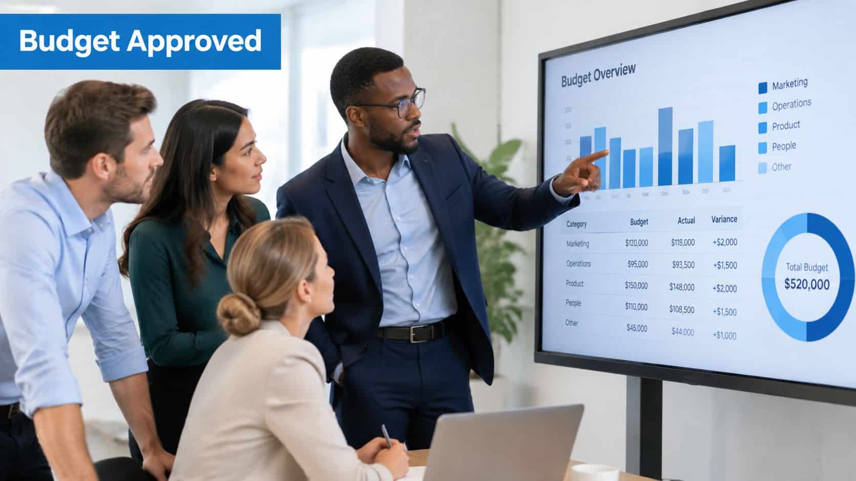A professional team reviews a financial budget chart presentation during a collaborative office business meeting.