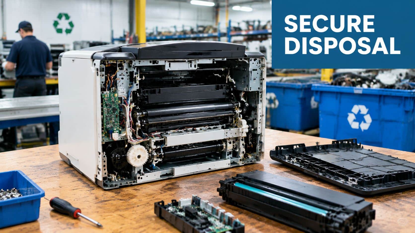 A technician disassembles an old office laser printer in a professional electronic waste recycling facility.