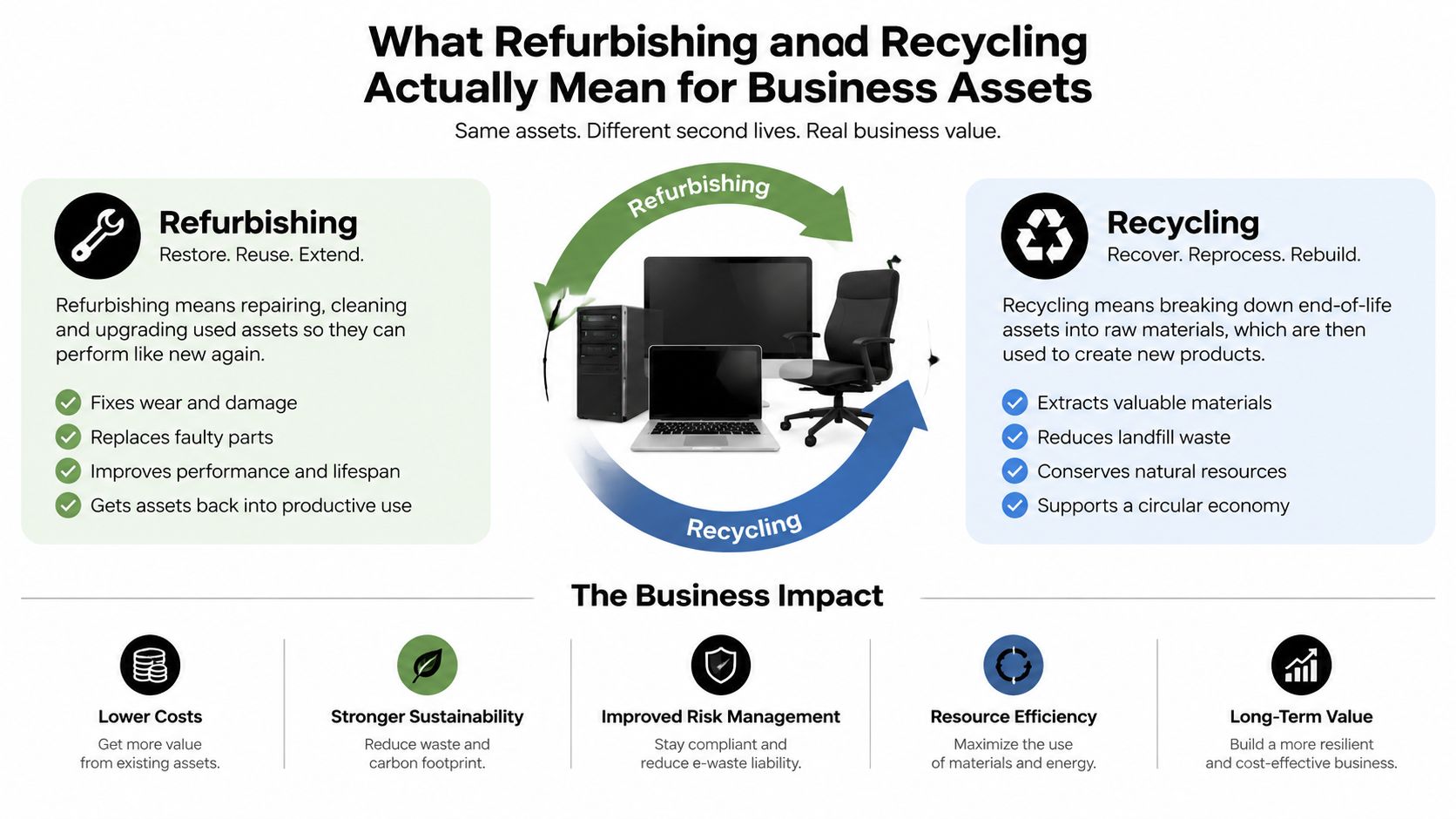 An infographic explaining the business benefits of refurbishing and recycling office equipment for sustainability and value.