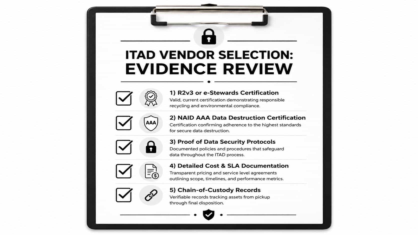 A clipboard document titled ITAD Vendor Selection Evidence Review listing five essential criteria for selecting certified vendors.