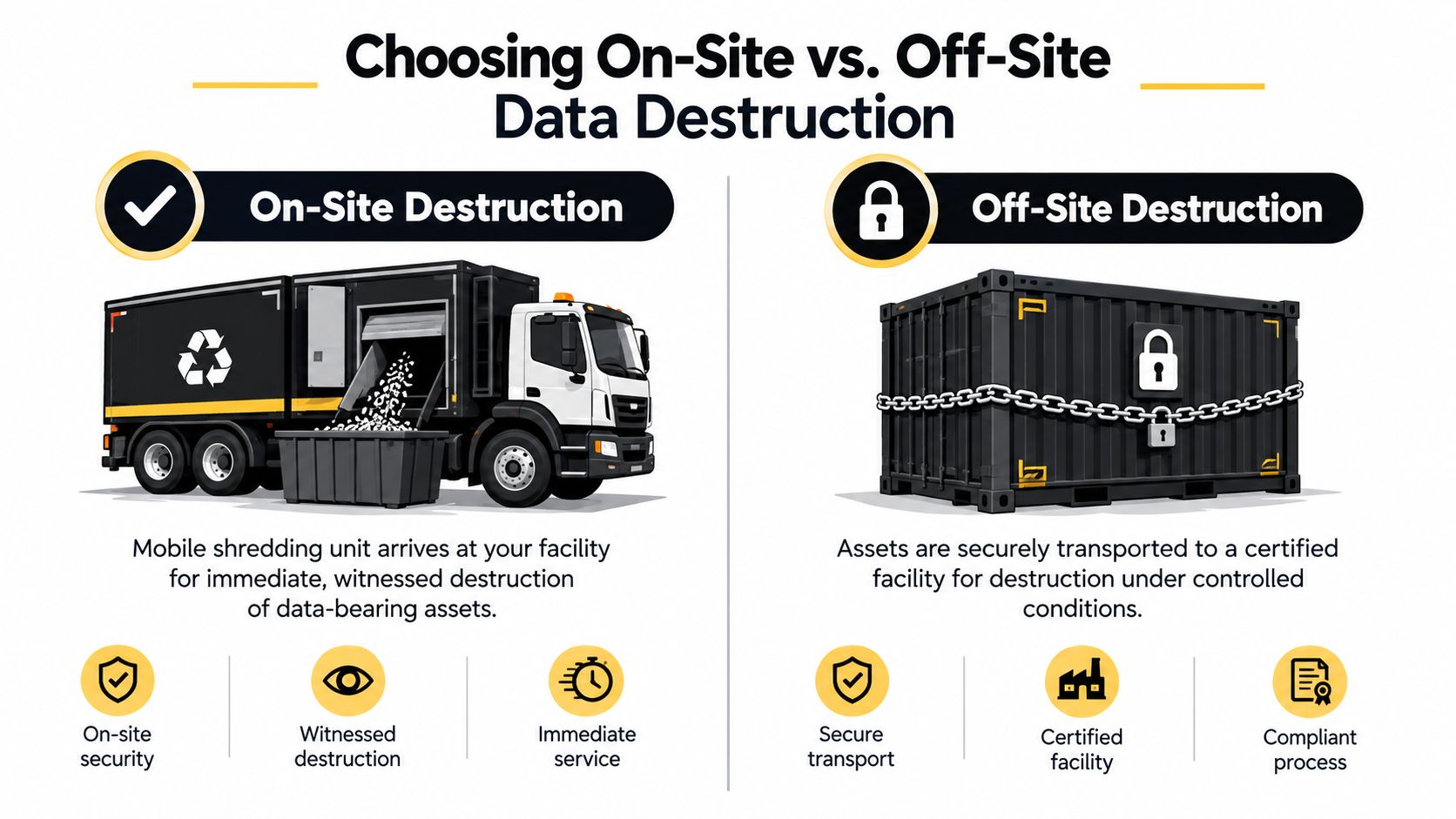 A comparison infographic between on-site mobile shredding and off-site secure facility data destruction for businesses.