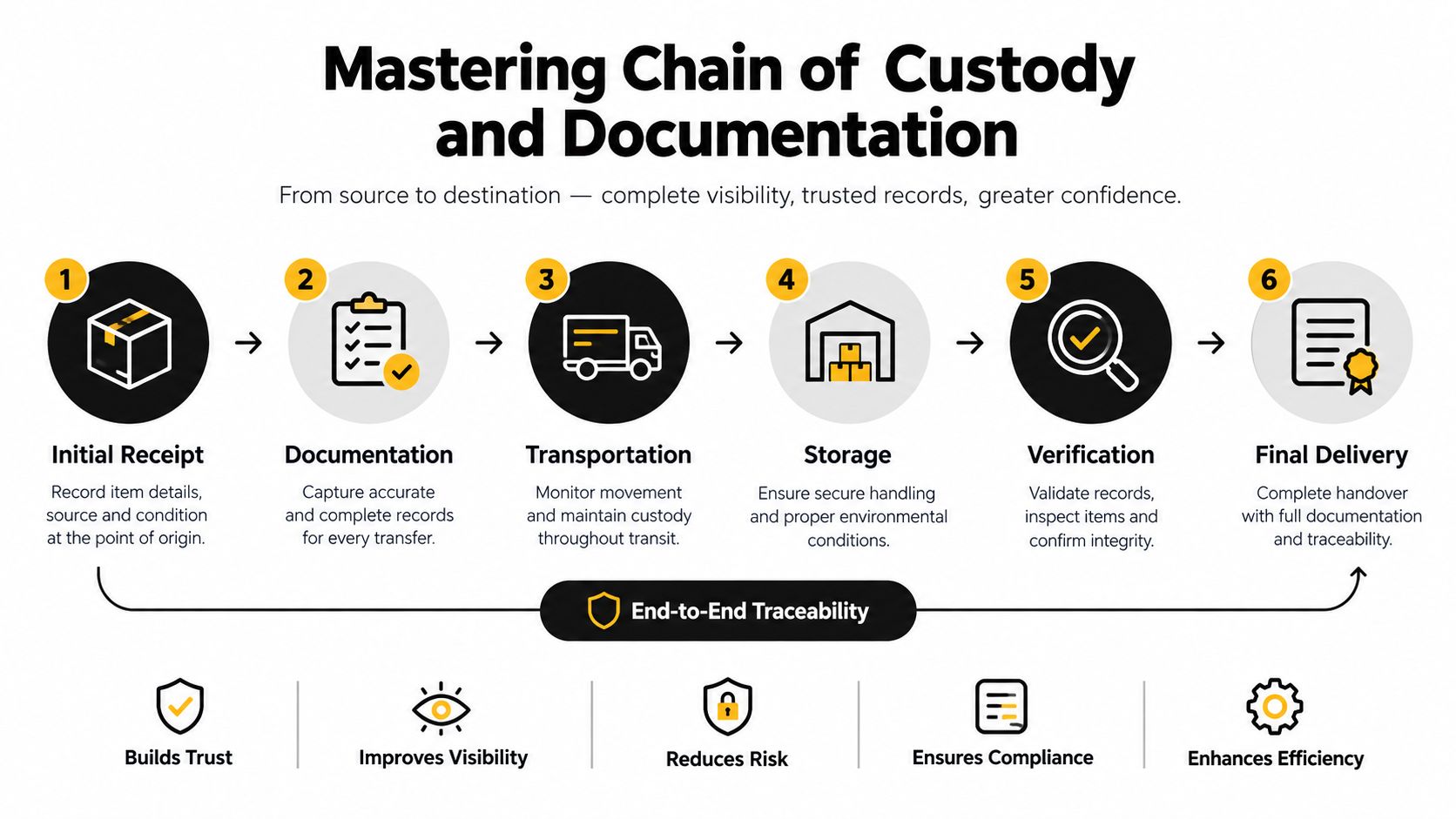 A six-step infographic detailing the chain of custody and documentation process for secure logistics and supply chains.