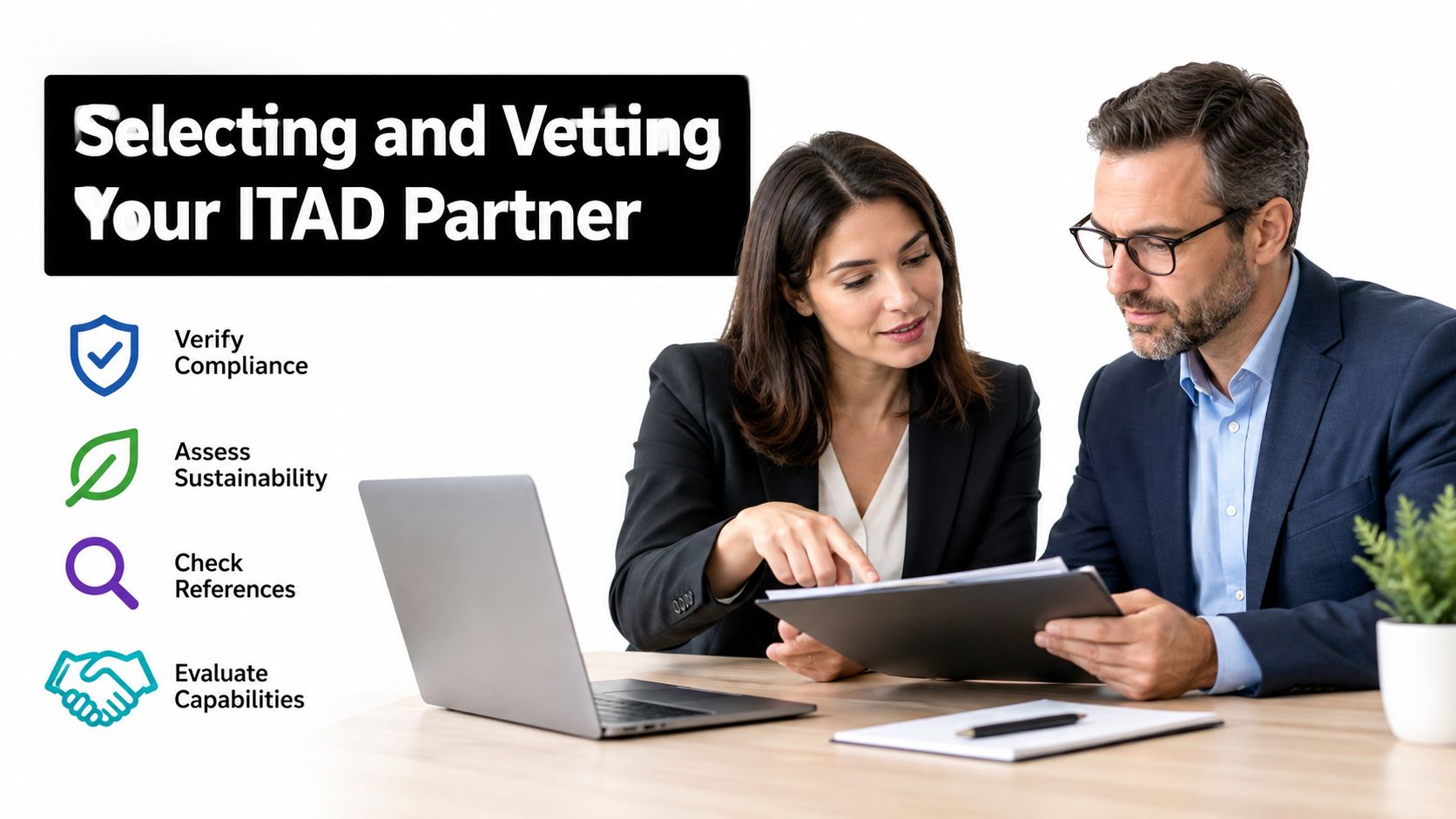A professional man and woman discussing ITAD partner vetting strategies while looking at documents in an office.
