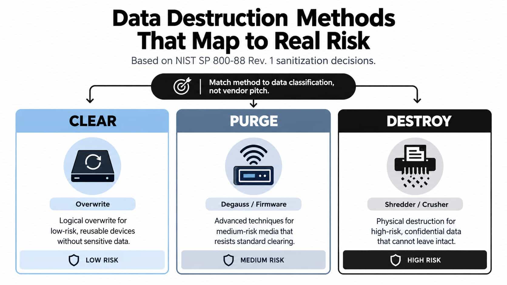 A diagram illustrating NIST SP 800-88 data destruction methods: clear, purge, and destroy, categorized by risk level.