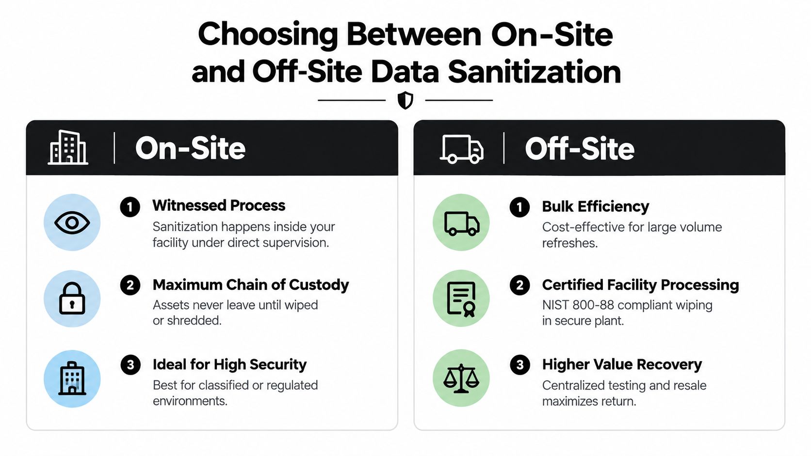 A comparison chart outlining the pros and cons of on-site versus off-site data sanitization services for businesses.