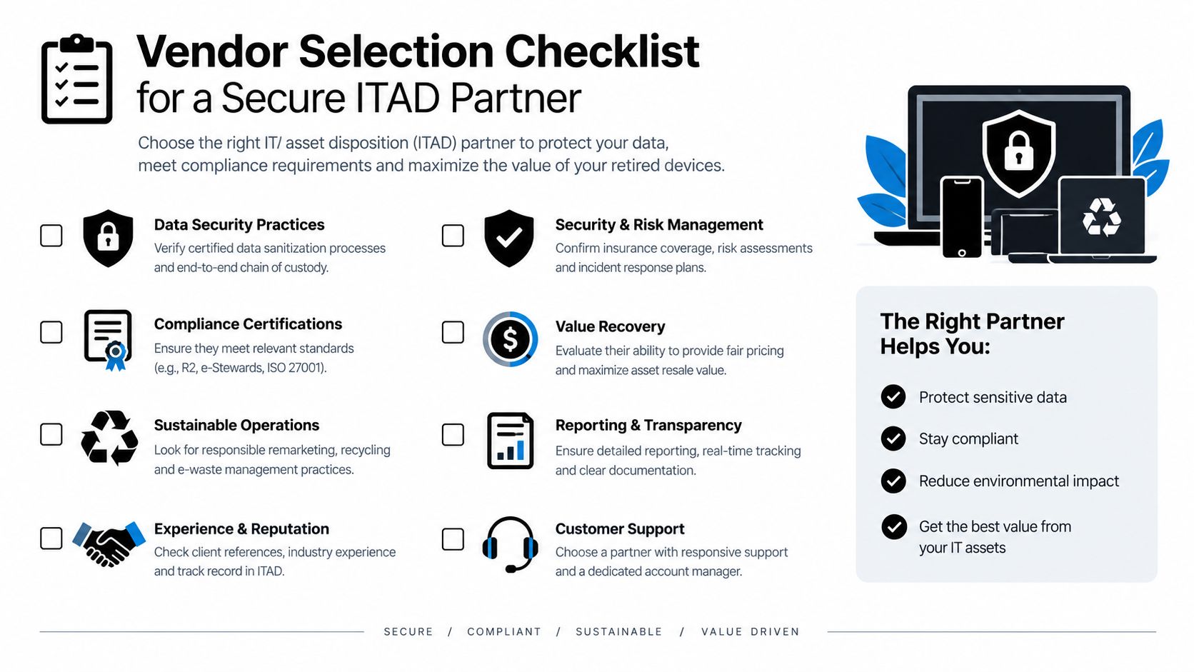 A comprehensive checklist for selecting a secure and compliant IT asset disposition partner to protect data and hardware.