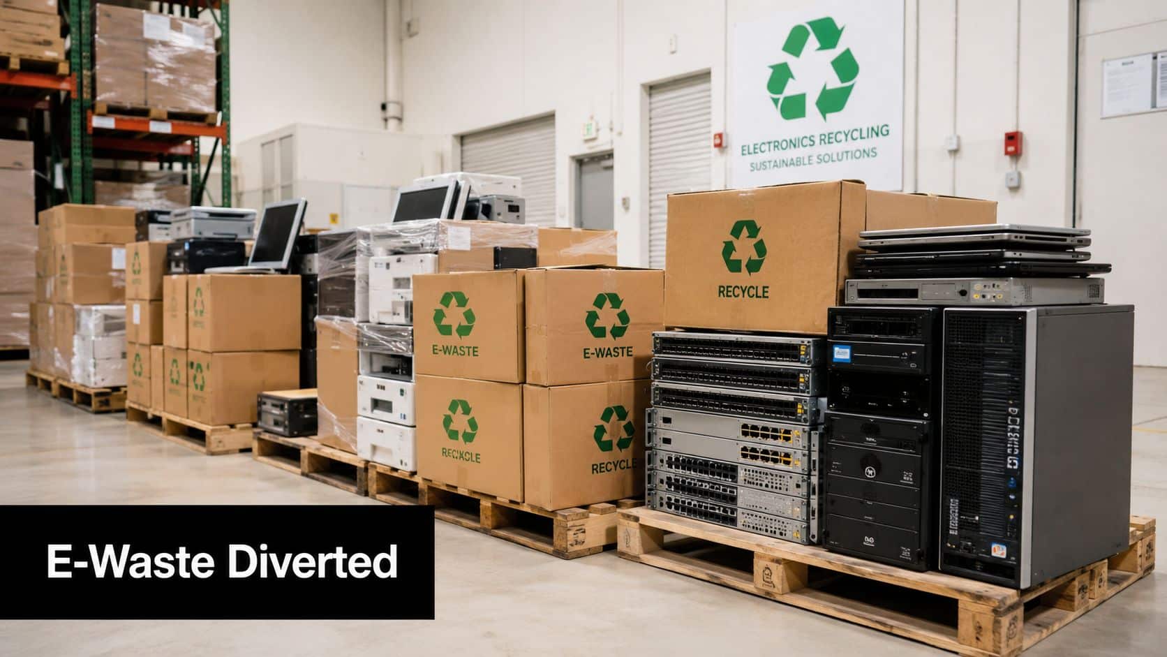 Stacks of recycled electronic equipment including computers, servers, and cardboard boxes inside a warehouse facility.