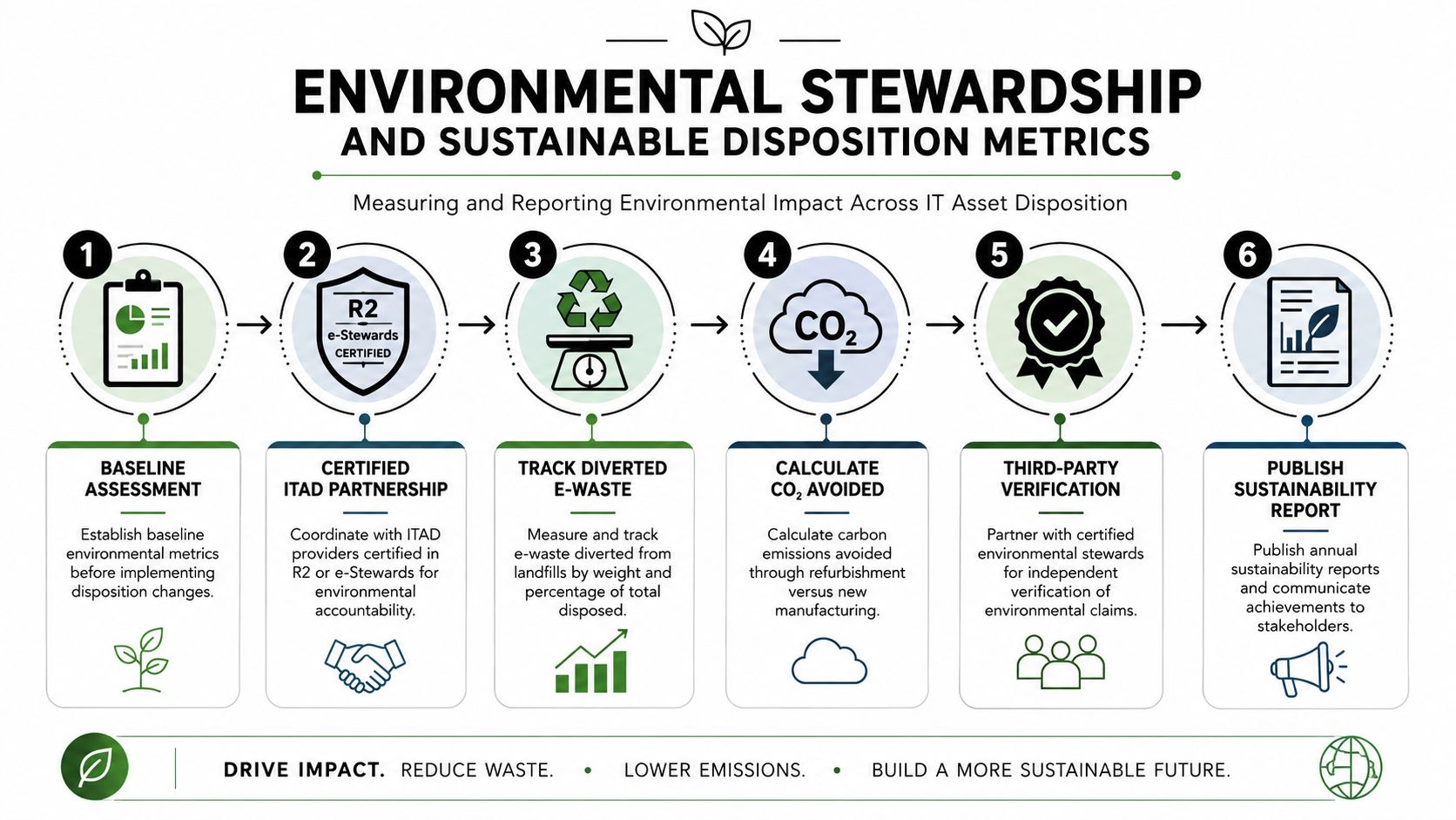 A six-step infographic showing the process of measuring and reporting environmental impact for sustainable IT asset management.