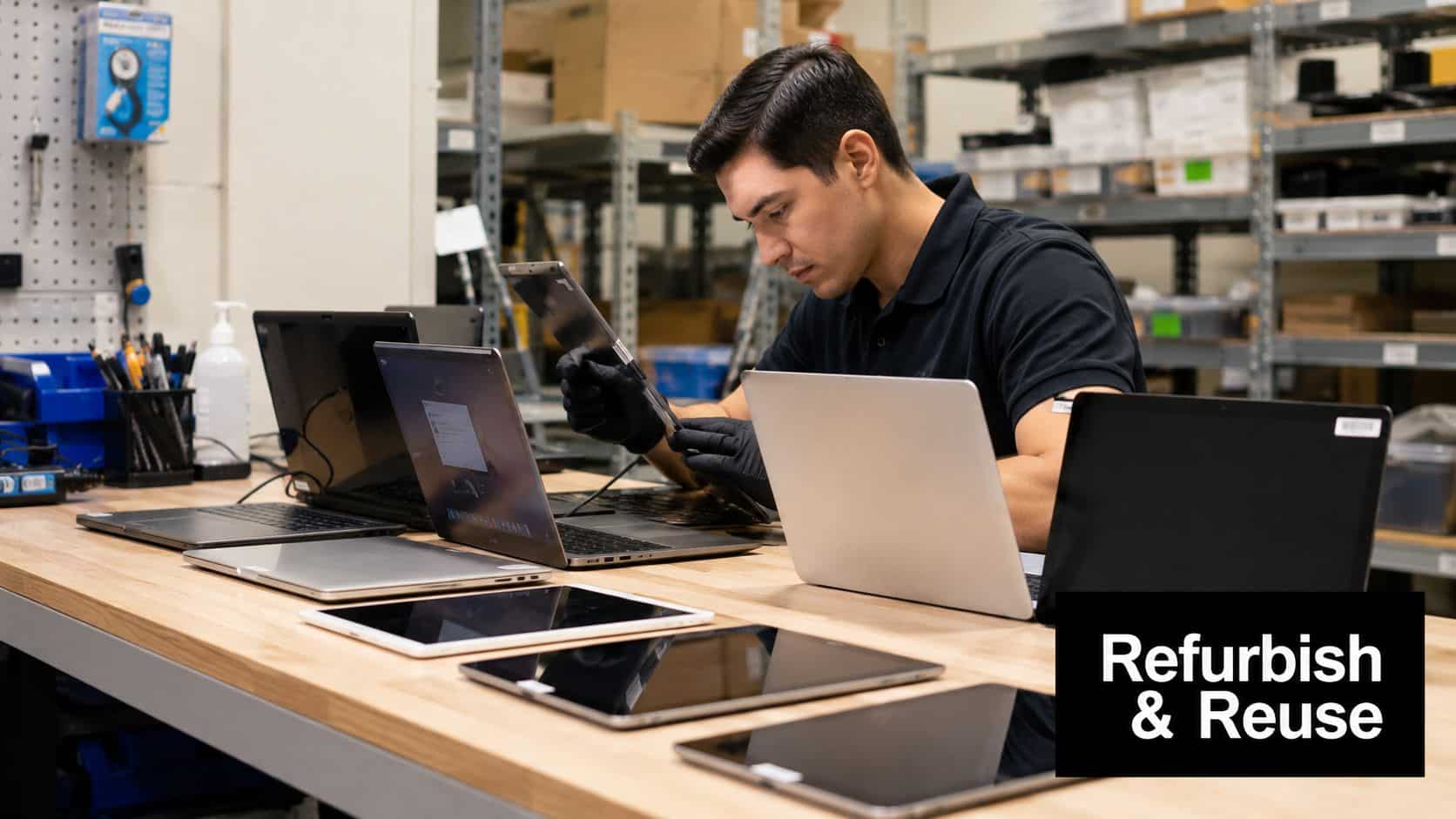 A technician wearing black gloves inspects various electronic devices like laptops and tablets at a workstation.