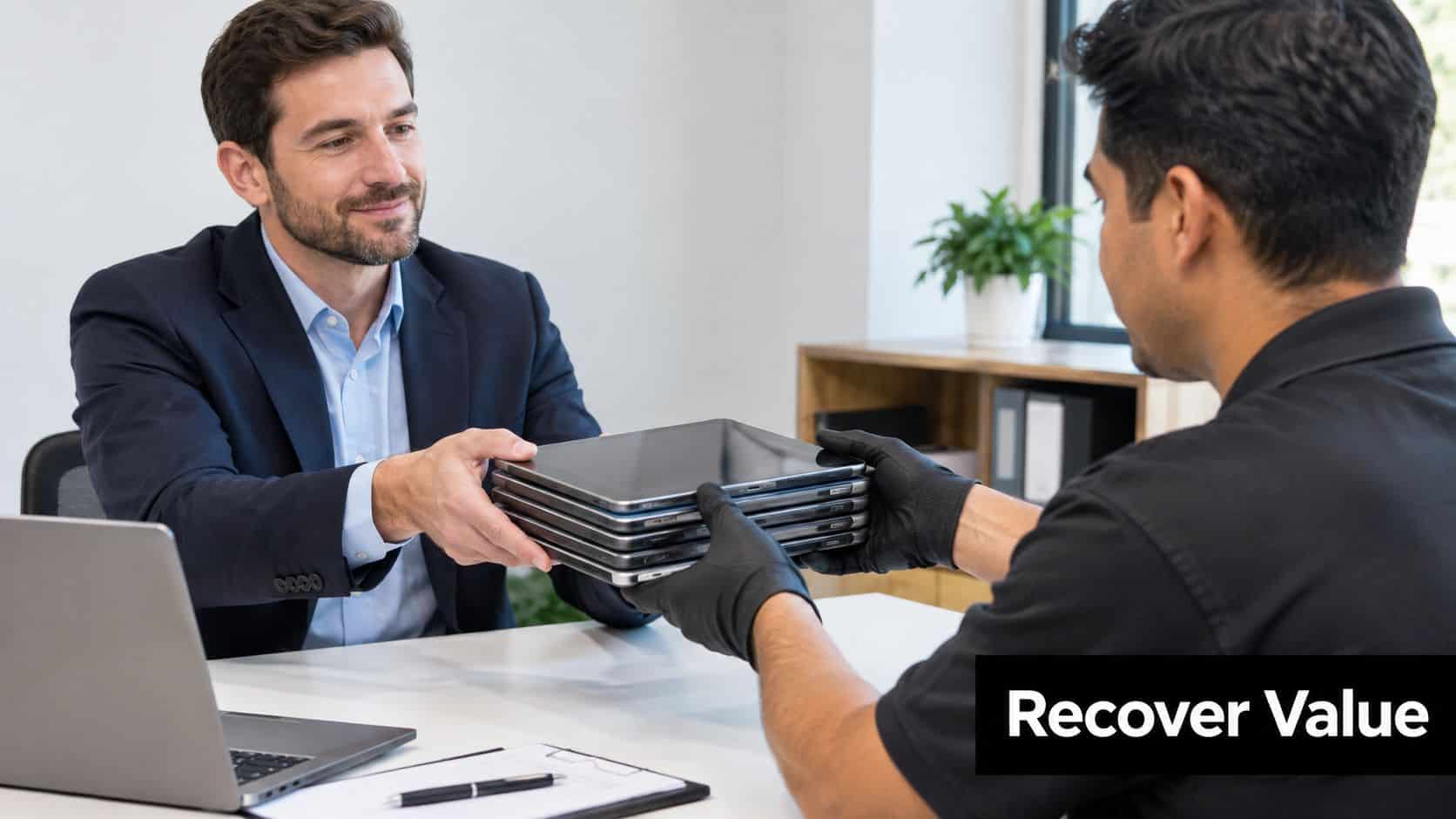 A professional man handing a stack of tablets to a technician wearing black gloves for recycling.