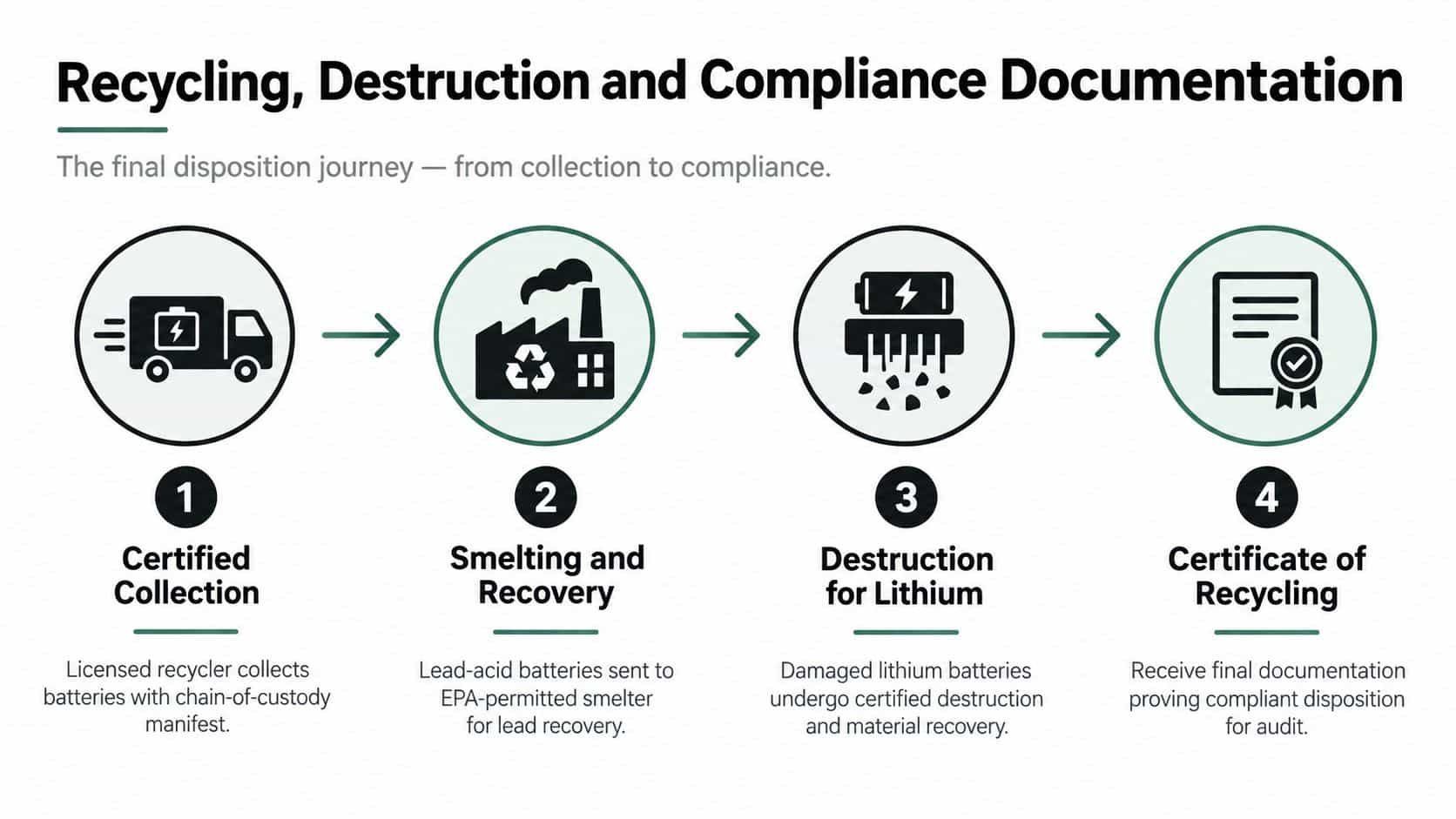 A four-step infographic illustrating the professional process for recycling and disposing of batteries with official documentation.