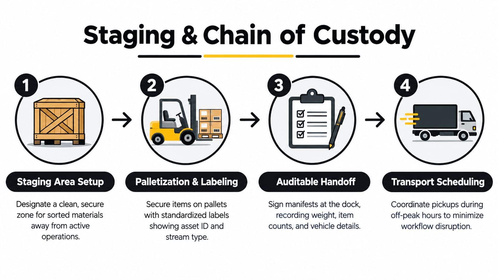 A four-step infographic illustrating the staging and chain of custody process for warehouse electronics cleanout services.