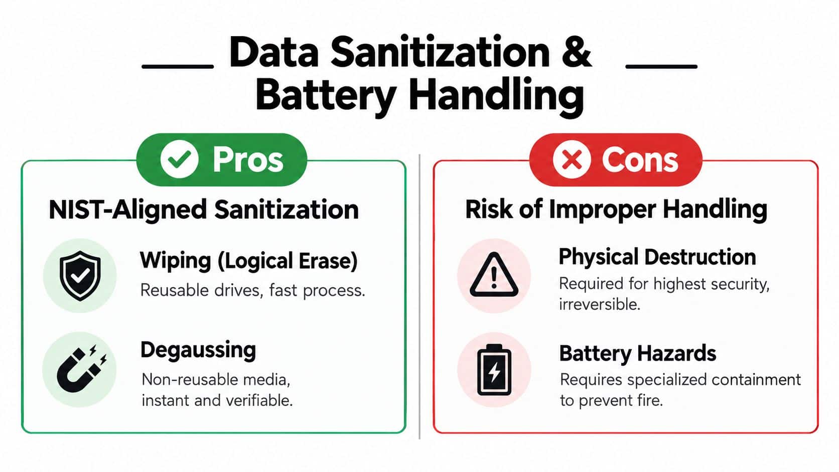 A comparison chart outlining pros of NIST-aligned data sanitization and cons of improper device handling methods.