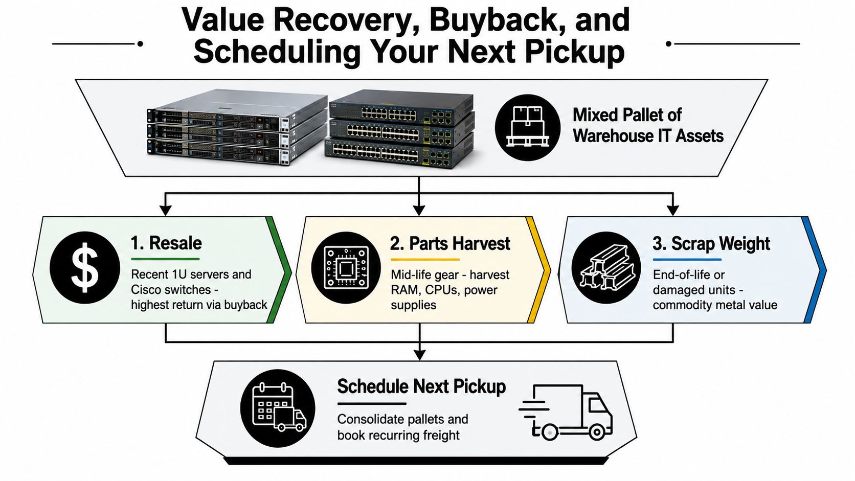 An infographic showing the process of IT asset recovery, including resale, parts harvesting, and scrap weight recycling.