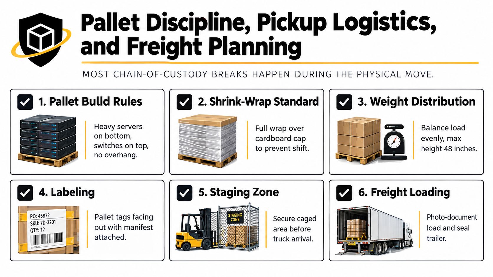 An infographic detailing six essential steps for safe warehouse pallet building, shipping, and freight logistics management.