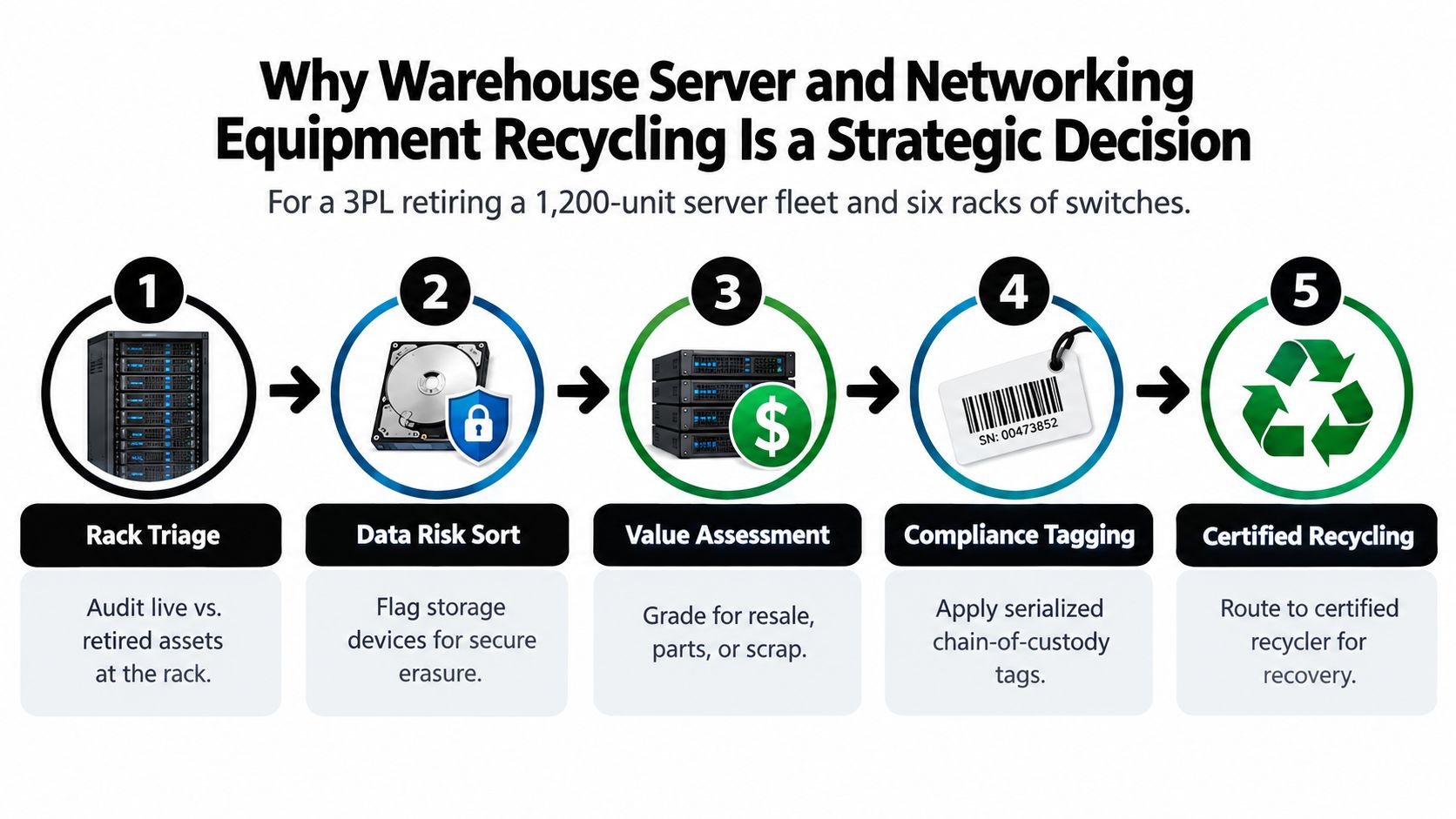 A five-step infographic detailing the strategic process for recycling warehouse server and networking equipment.
