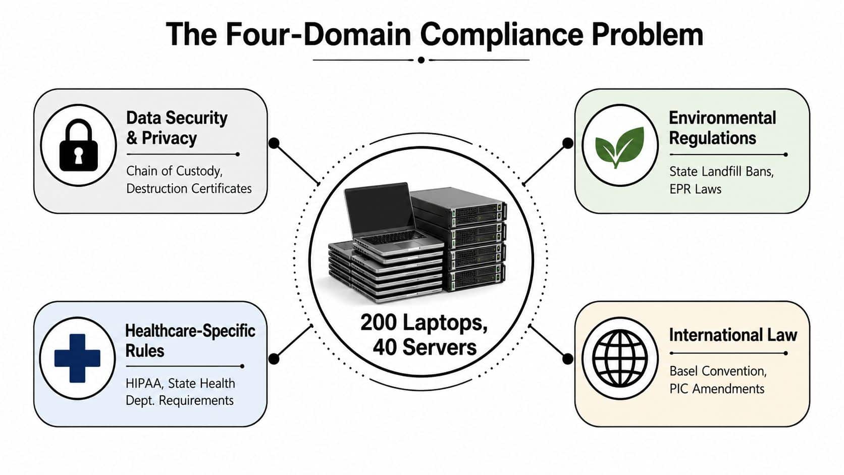 A diagram illustrating the four-domain compliance problem for disposing of 200 laptops and 40 servers.