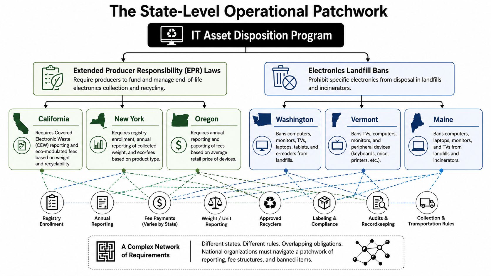 A flowchart showing state-level e-waste laws, regulatory programs, and compliance requirements for IT asset disposal.