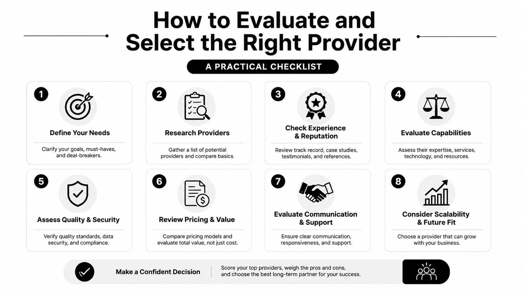 A checklist infographic titled How to Evaluate and Select the Right Provider, illustrating eight key steps for choosing partners.