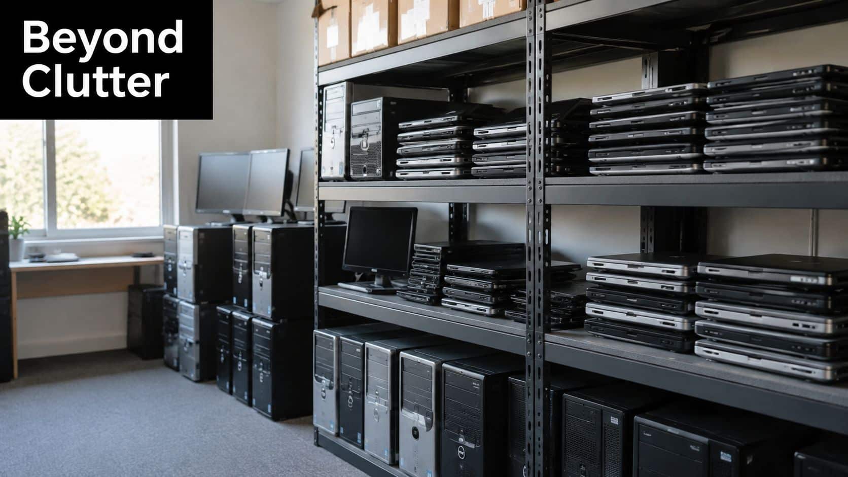 Shelving units filled with stacked laptop computers and desktop computer towers in a well-organized office space.