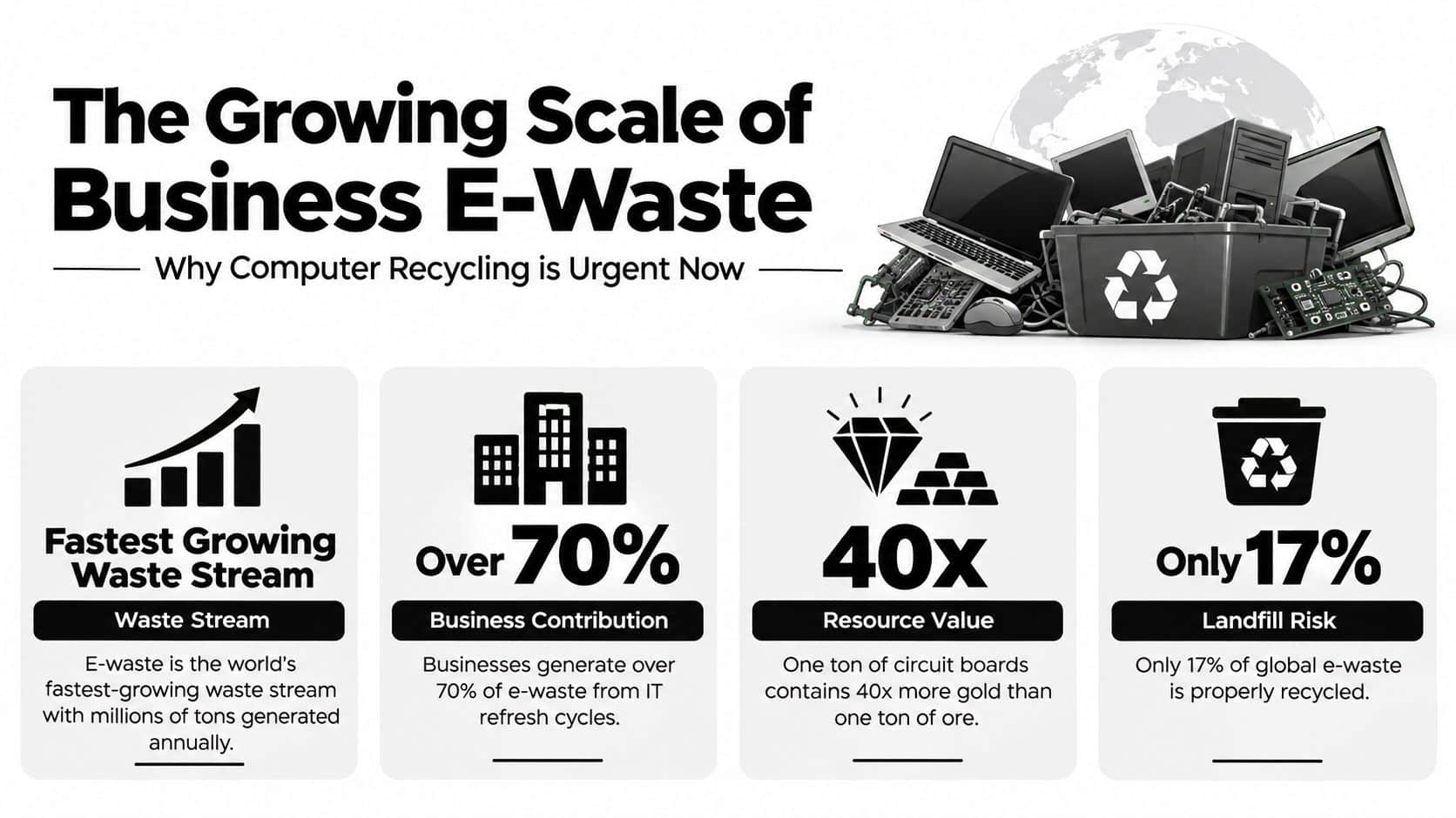 An infographic highlighting the urgent need for recycling business e-waste with key statistics on growth and resources.