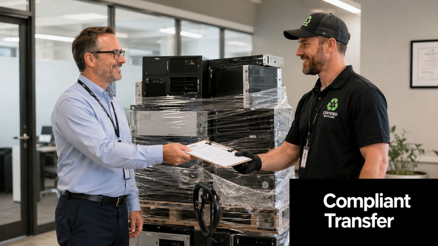 A professional handing a clipboard to a recycling technician during a secure computer equipment pickup at an office.
