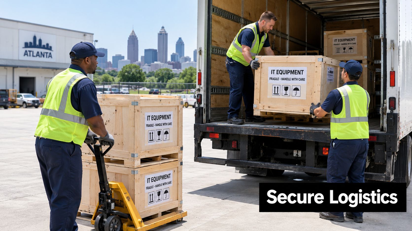 Professional logistics workers loading IT equipment crates onto a truck in front of an Atlanta skyline.