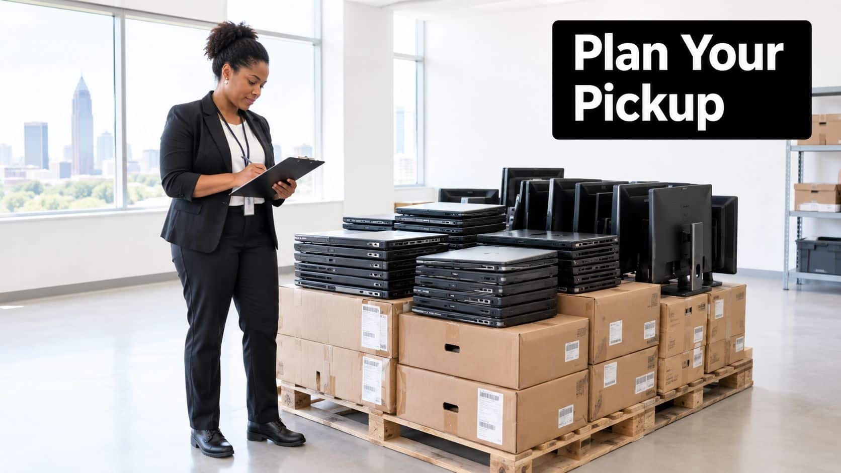 A professional woman clipboard in hand inspecting a pallet of stacked office electronics in a bright office.
