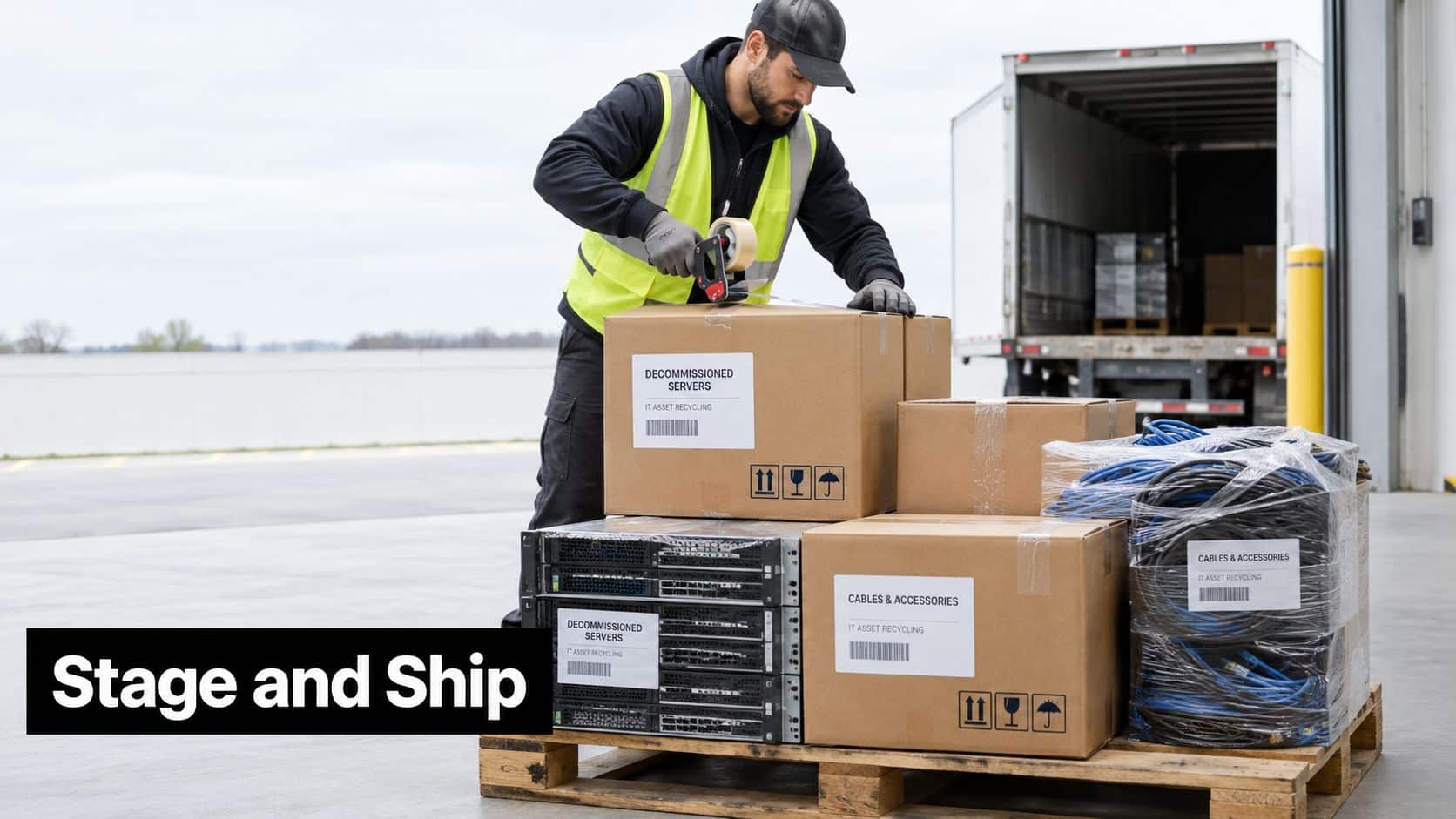A worker in a high-visibility vest packing decommissioned server equipment onto a wooden shipping pallet.